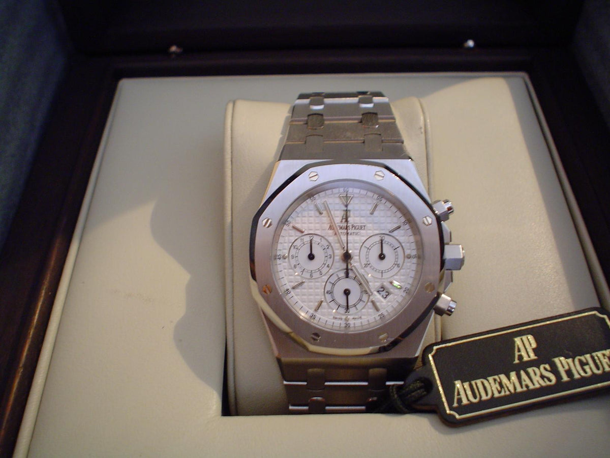 Steel Audemars Piguet Royal Oak Chronograph with a white dial in its presentation box